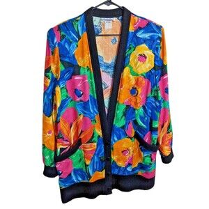 Vintage Leslie Fay Cardigan Sweater Colorful Floral Artsy Union Made In USA 14